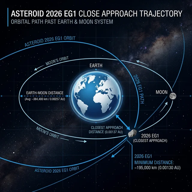 Diagram of asteroid 2026 EG1's trajectory past Earth