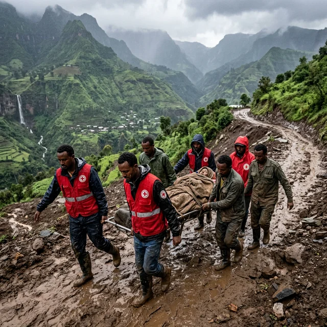 Rescue teams working through debris after landslide in Ethiopia