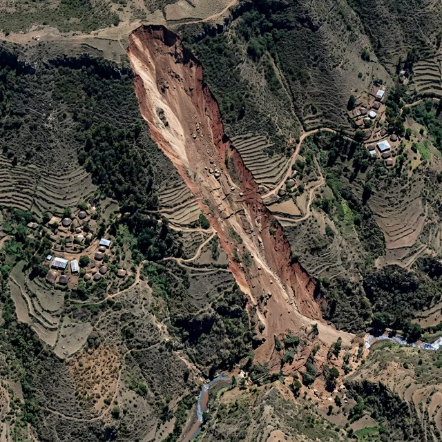Aerial view of Ethiopian highlands terrain showing the landslide scar