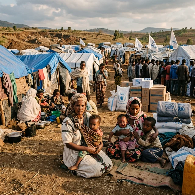 Displaced families at emergency shelter after landslides in Ethiopia