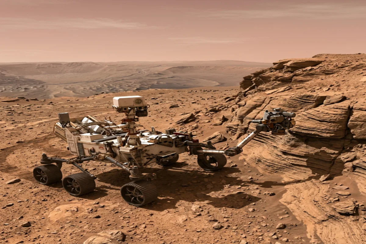 The Perseverance rover exploring an ancient riverbed on Mars, examining sedimentary rocks with water erosion marks