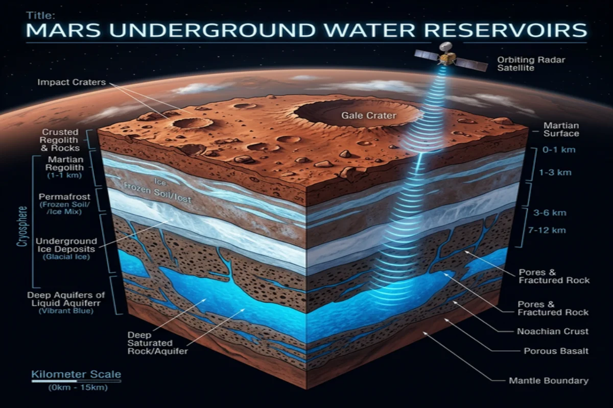 Cross-section diagram of Mars showing underground water reservoirs at different depths