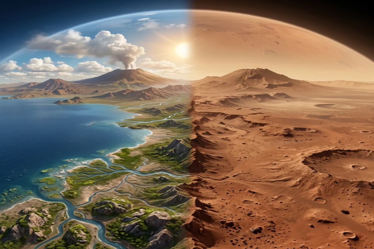 Artistic reconstruction of ancient Mars with blue oceans, rivers, white clouds, and coastal vegetation, compared to present-day dry Mars