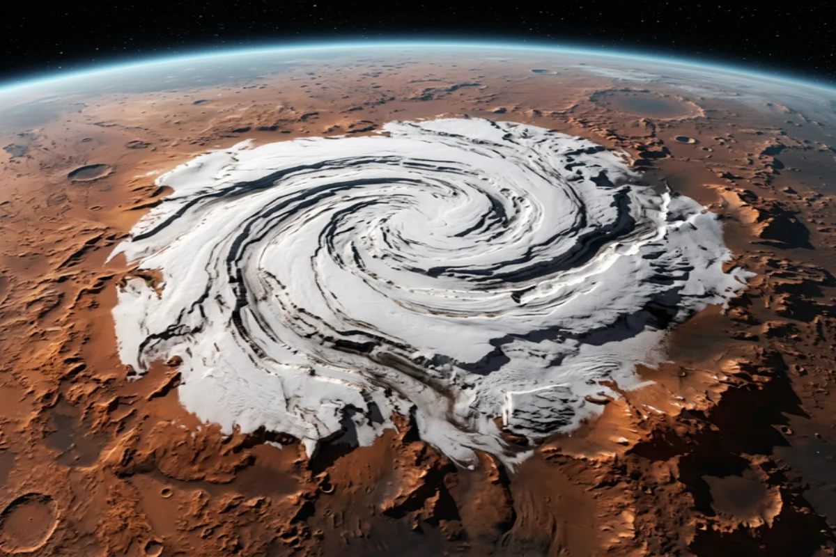 Mars polar ice cap seen from space showing spiral ice formations and exposed layers