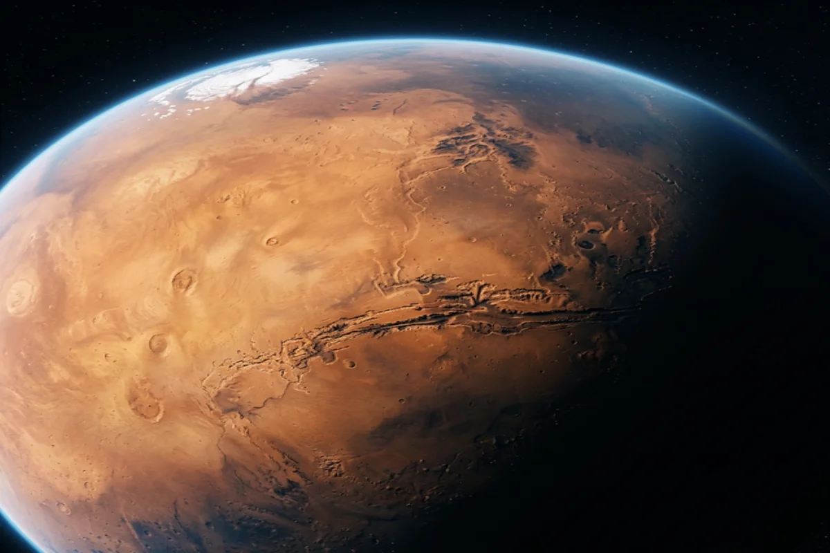 View of Mars from space showing ancient river channels, dry valleys, and polar ice caps