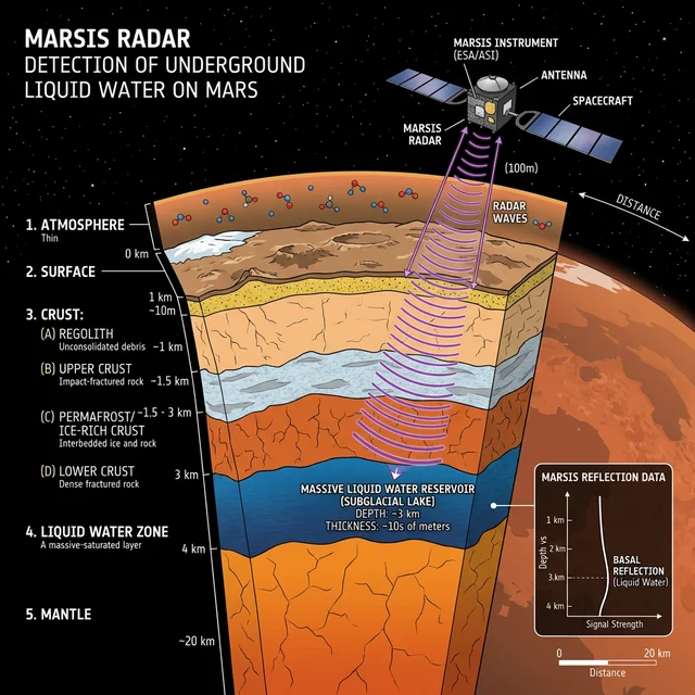 Diagrama científico mostrando o radar MARSIS da Mars Express penetrando as camadas subterrâneas de Marte para revelar o reservatório de água líquida