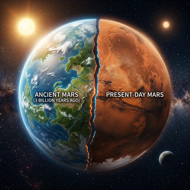 Comparação artística entre Marte antigo (3 bilhões de anos atrás) com oceanos azuis e nuvens, e Marte atual como um deserto vermelho seco
