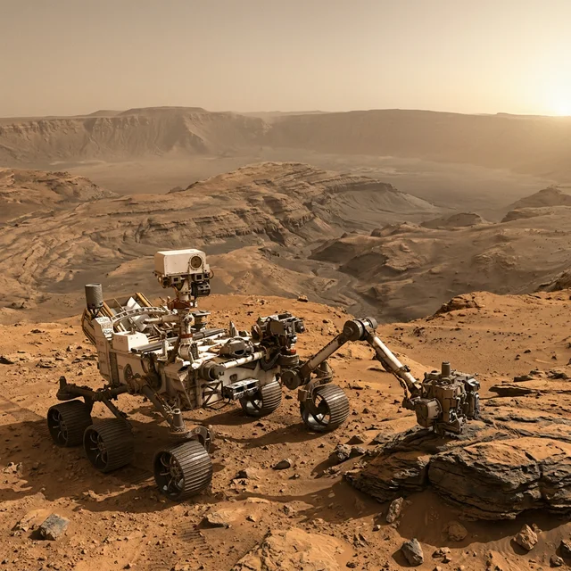 O rover Perseverance da NASA na superfície de Marte perto da Cratera Jezero analisando amostras de rocha com seu braço robótico