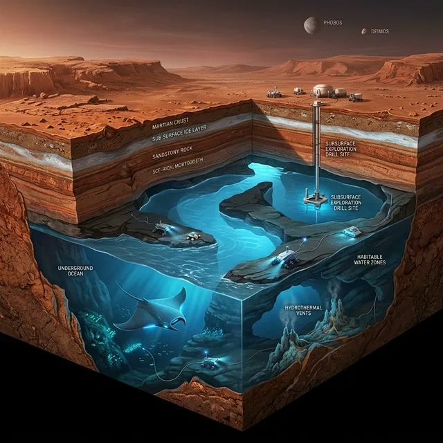 Base futurista em Marte com instalação de extração de água subterrânea, habitats em domo e astronautas operando equipamentos de perfuração