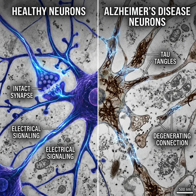 Comparação de neurônios saudáveis versus neurônios danificados pelo Alzheimer sob microscópio eletrônico