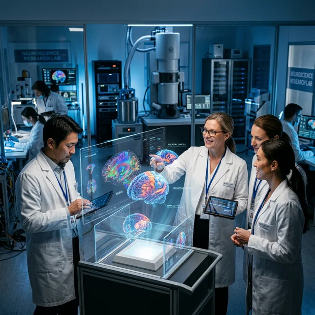 Equipe de pesquisadores em laboratório de neurociência estudando escaneamentos cerebrais em displays holográficos