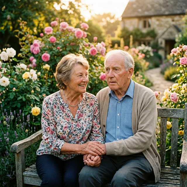 Casal idoso em jardim ensolarado transmitindo esperança para pacientes de Alzheimer