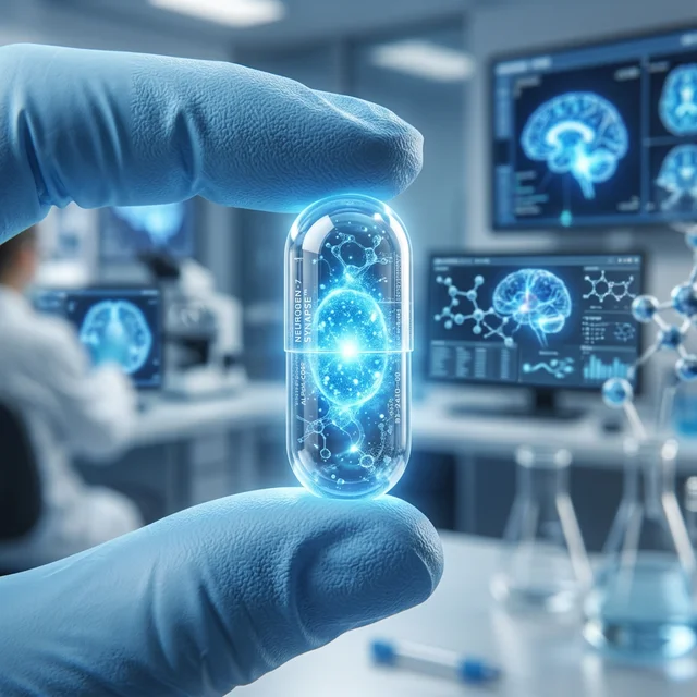 Cápsula médica futurista translúcida sendo segurada entre dedos contra fundo de laboratório