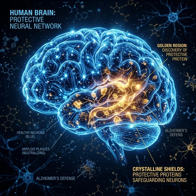 Cérebro humano renderizado em redes neurais luminosas azuis com região dourada representando proteína protetora contra Alzheimer