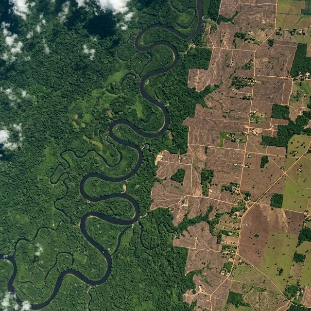 Vista aérea da Amazônia mostrando o contraste entre floresta preservada e áreas desmatadas