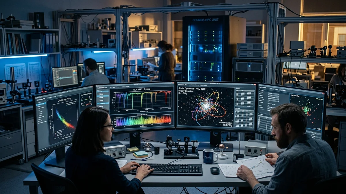 Cientistas trabalhando com análise de espectro em computadores de laboratório no laboratório de astrofísica