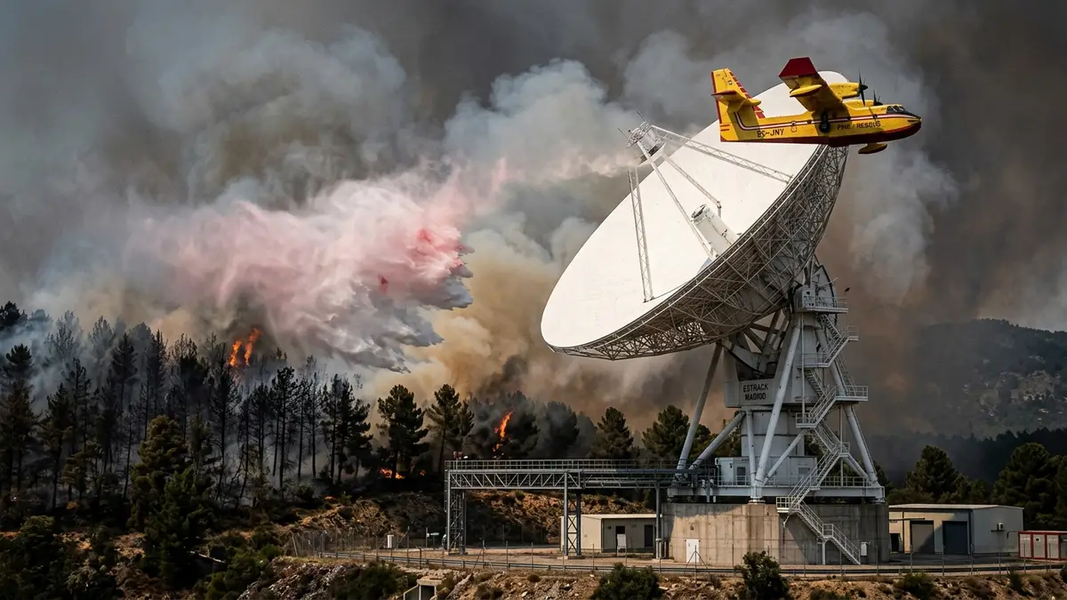 Antena de 70 metros sob Fumaça na Espanha