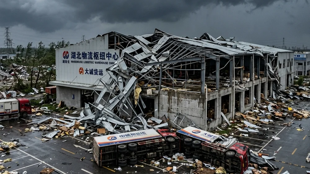 Instalación industrial con techo metálico completamente retorcido por la fuerza de los vientos de 260 km/h Almacén destruído por los fuertes vientos del tornado en Hubei