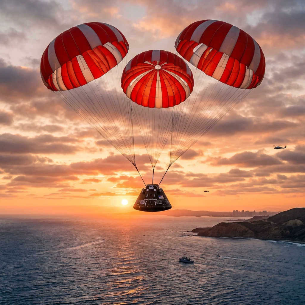 A cápsula Orion com paraquedas abertos descendo sobre o Pacífico ao pôr do sol