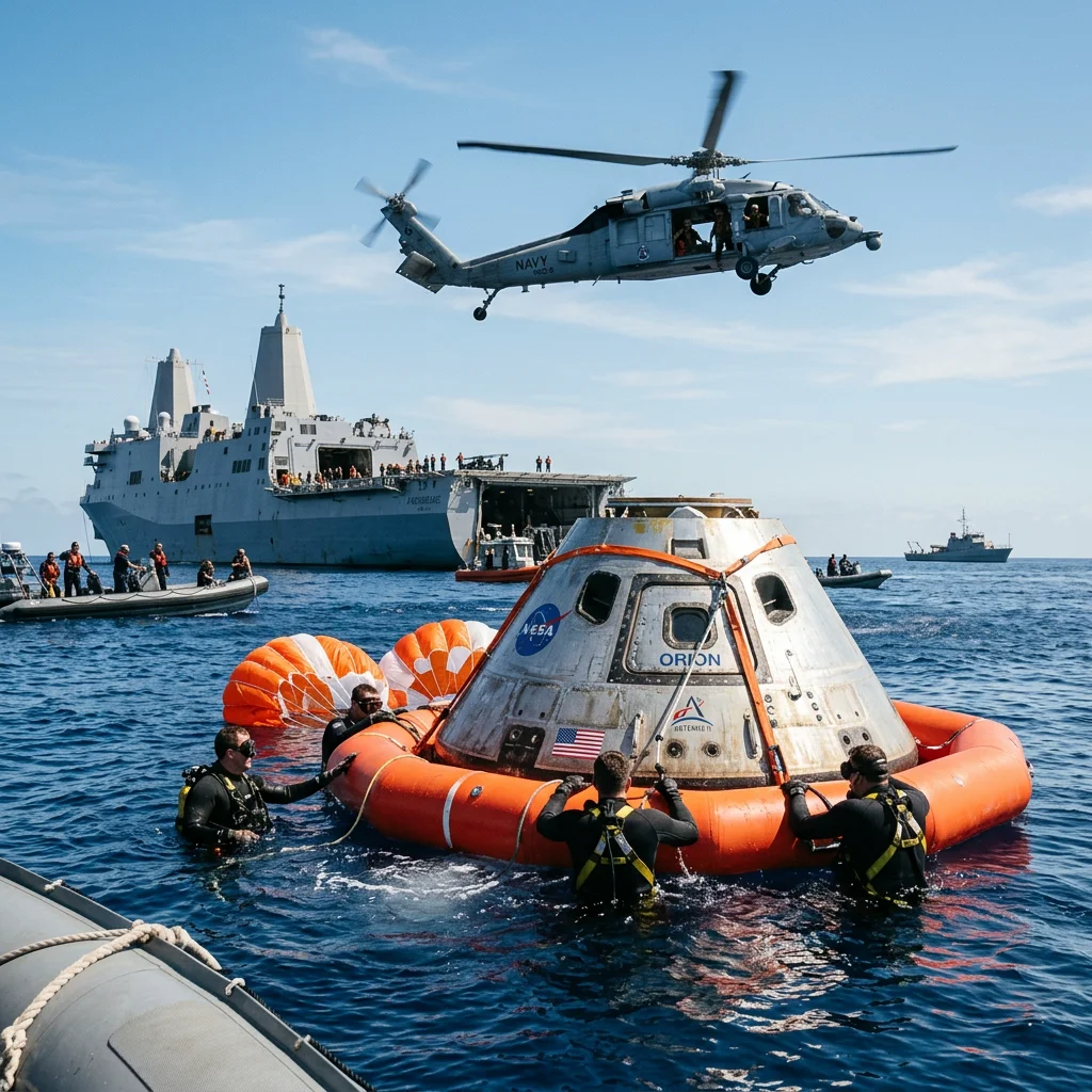 Recuperação da cápsula Orion com mergulhadores da Marinha e helicóptero militar