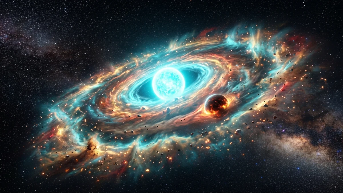 Ilustração científica mostrando um exoplaneta de segunda geração se condensando a partir do disco de entulho e poeira circunestelar da estrela anã branca HS 0209+0832