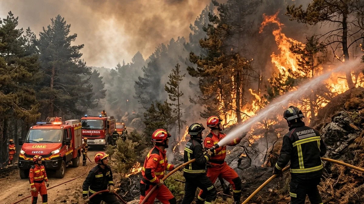 Soldiers and firefighters from the Military Emergencies Unit (UME) fighting the relentless flames on the outskirts of Los Gallardos under severe weather conditions.
