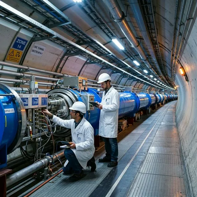 Cientistas trabalhando no interior do túnel do LHC no CERN
