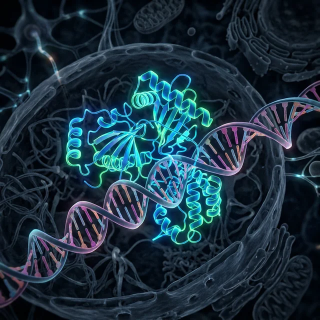 Estrutura molecular da proteína DeltaFosB interagindo com DNA no núcleo celular