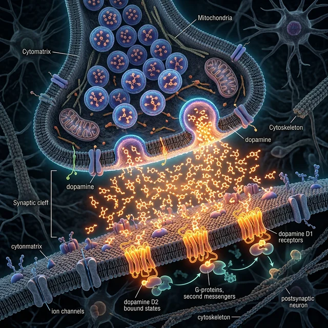 Sinapse neural com moléculas de dopamina inundando a fenda sináptica