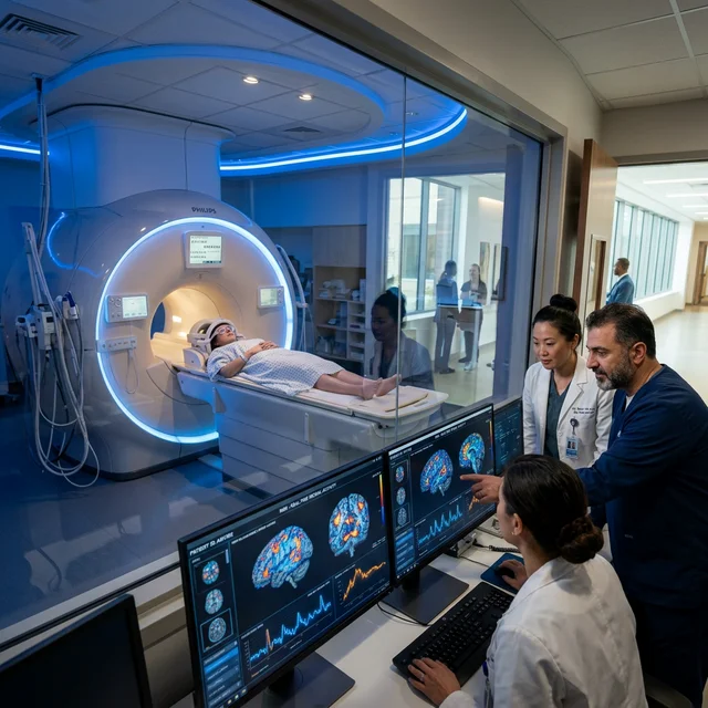 Centro de reabilitação em neurociência com paciente em scanner cerebral