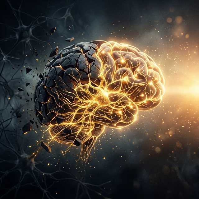 Arte conceitual de cérebro se reconstruindo, simbolizando recuperação neural