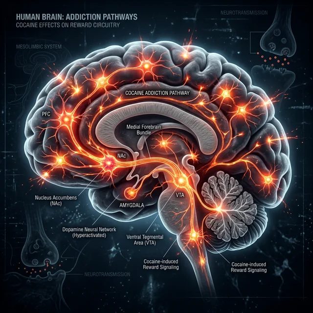 Cérebro humano com vias neurais de dependência iluminadas em laranja e vermelho