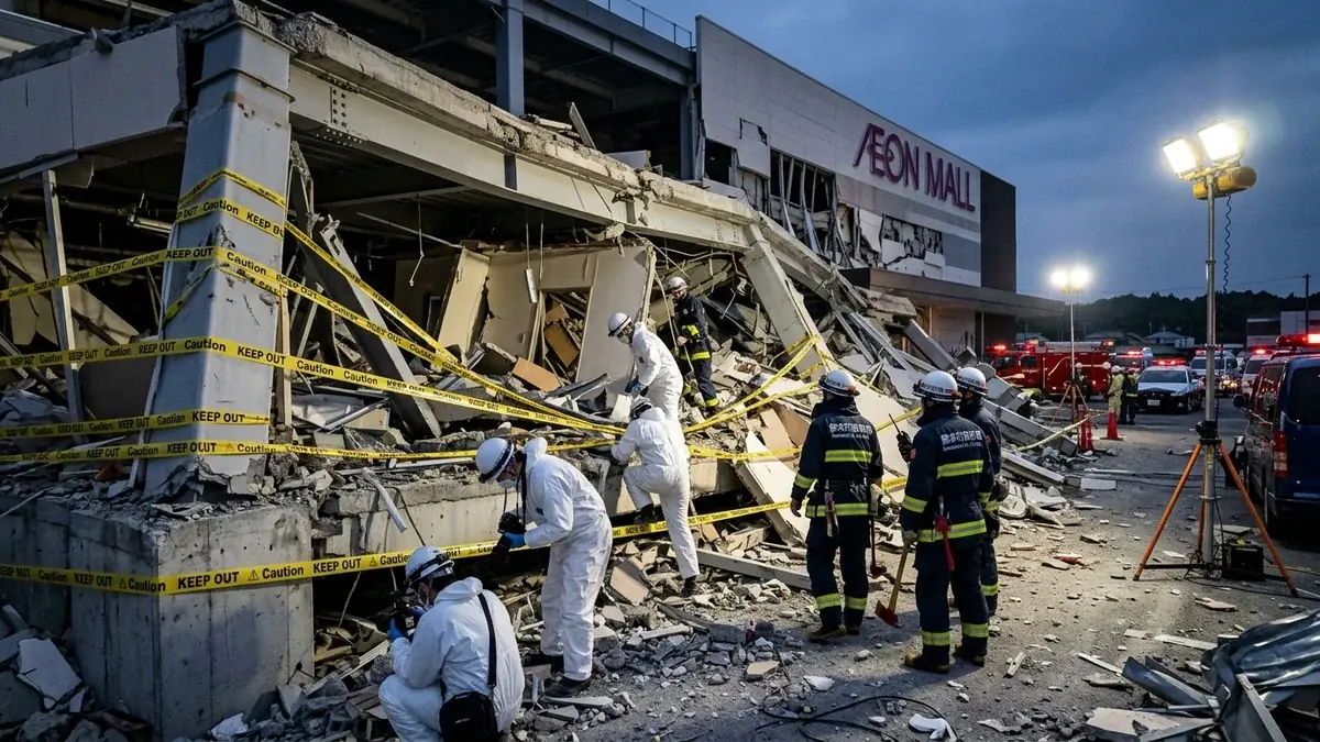 Forensic teams and firefighters inspecting the partial collapse of the Aeon Mall shopping center in Kashima