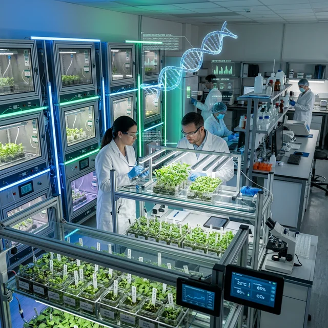 Modern biotechnology laboratory where scientists examine genetically edited seedlings in controlled environments