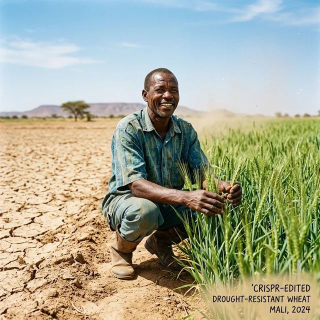 Farmer in green crop field amid arid landscape demonstrating drought resistance