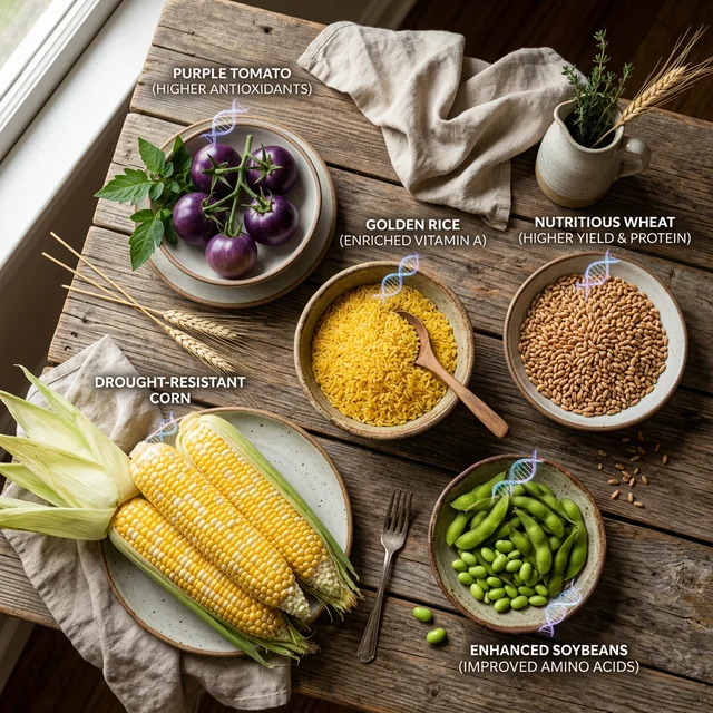 Table with variety of CRISPR genetically edited foods including purple tomatoes golden rice and resistant corn