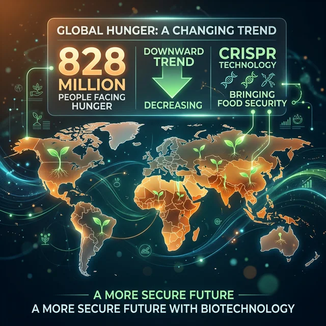 World map showing food insecurity regions with green sprouts emerging symbolizing CRISPR technology bringing food security