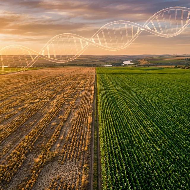 Agricultural field split showing dried crops on one side and green CRISPR-edited crops on the other with DNA double helix in the sky