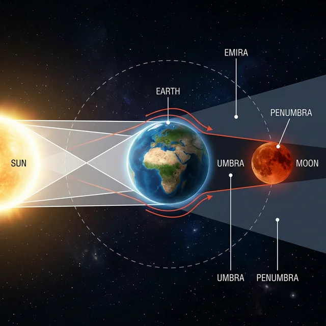 Diagrama científico mostrando la mecánica de un eclipse lunar total