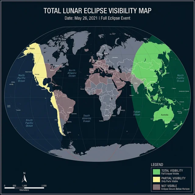 Mapamundi mostrando zonas de visibilidad del eclipse lunar total de marzo 2026