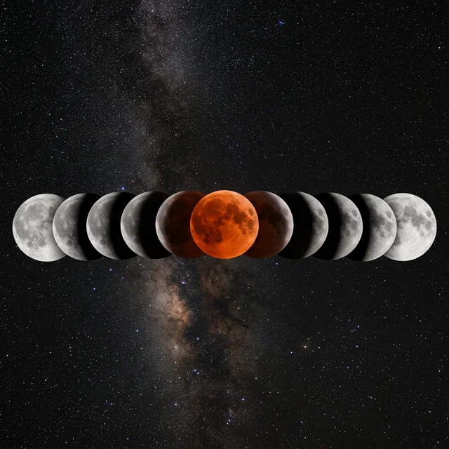 Secuencia fotográfica mostrando todas las fases de un eclipse lunar total
