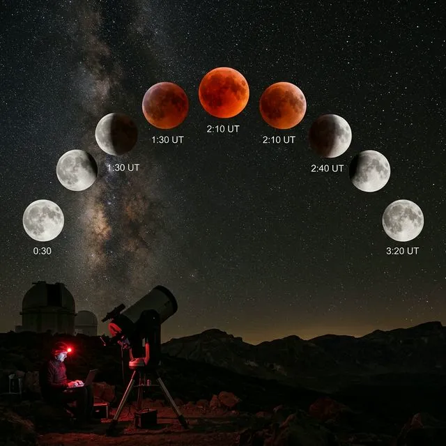 Luna de Sangre roja intensa sobre paisaje nocturno con estrellas visibles
