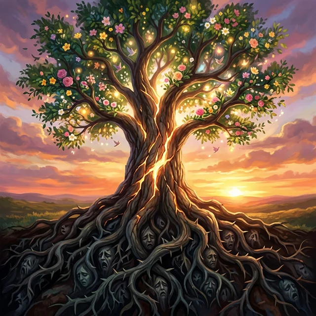 The duality of Loester Silva — programmer and investigator of the human mind Contemplative programmer at his desk, with code monitors on one side and psychology books on the other, representing the duality between technology and self-knowledge