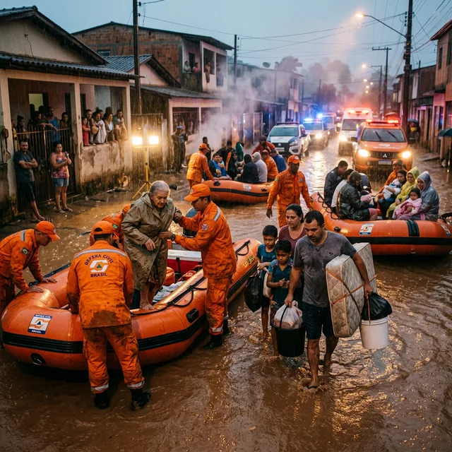 Defesa Civil de Minas Gerais em operação de resgate — famílias sendo evacuadas de áreas alagadas Equipes de resgate da Defesa Civil ajudando famílias em área alagada