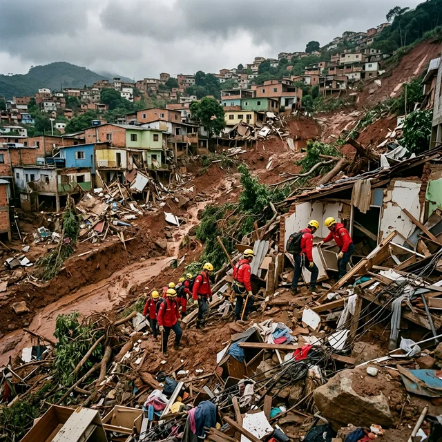 Deslizamentos de terra são a face mais letal das enchentes — encostas ocupadas colapsam após dias de chuva Deslizamento de terra em encosta de cidade mineira com equipes de resgate buscando vítimas