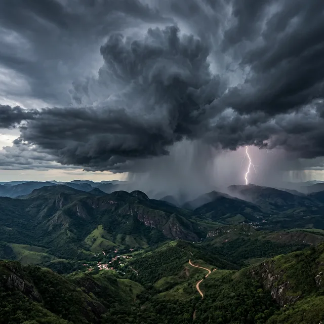 Sistemas de tempestade cada vez mais intensos sobre Minas Gerais — consequência direta das mudanças climáticas Sistema de tempestade massivo sobre as montanhas de Minas Gerais
