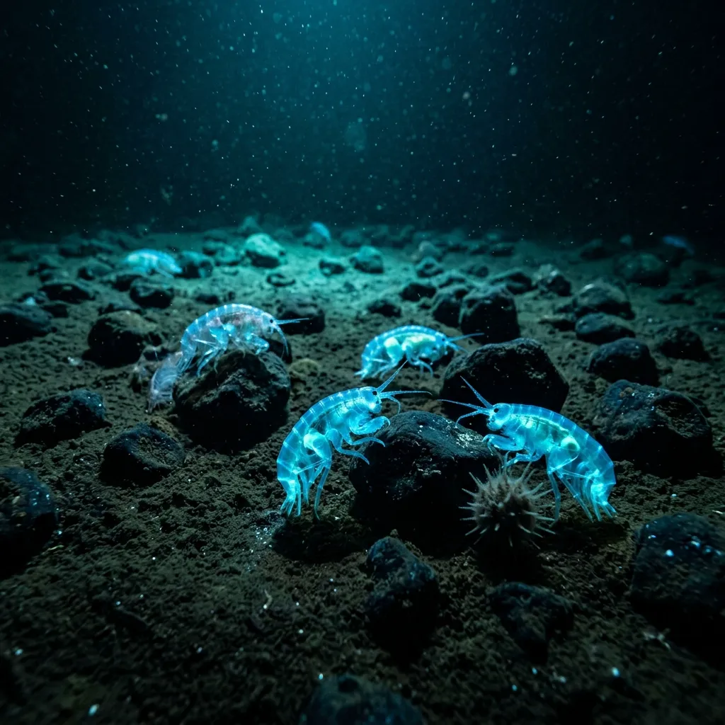Anfípodes bioluminescentes no fundo do oceano Pacífico na Zona Clarion-Clipperton