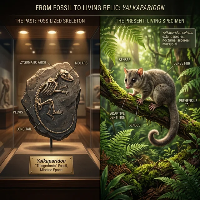 Comparison between marsupial fossil and living specimen in natural habitat