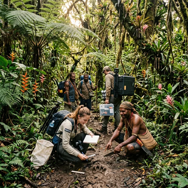 Team of biologists and indigenous guides trekking through dense Papua New Guinea rainforest with scientific equipment