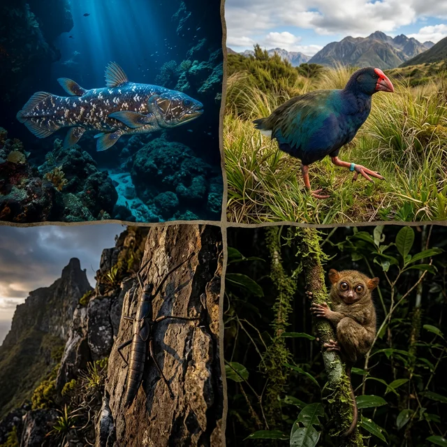 Collage showing 4 famous Lazarus species: coelacanth, takahē, Lord Howe Island stick insect, and pygmy tarsier